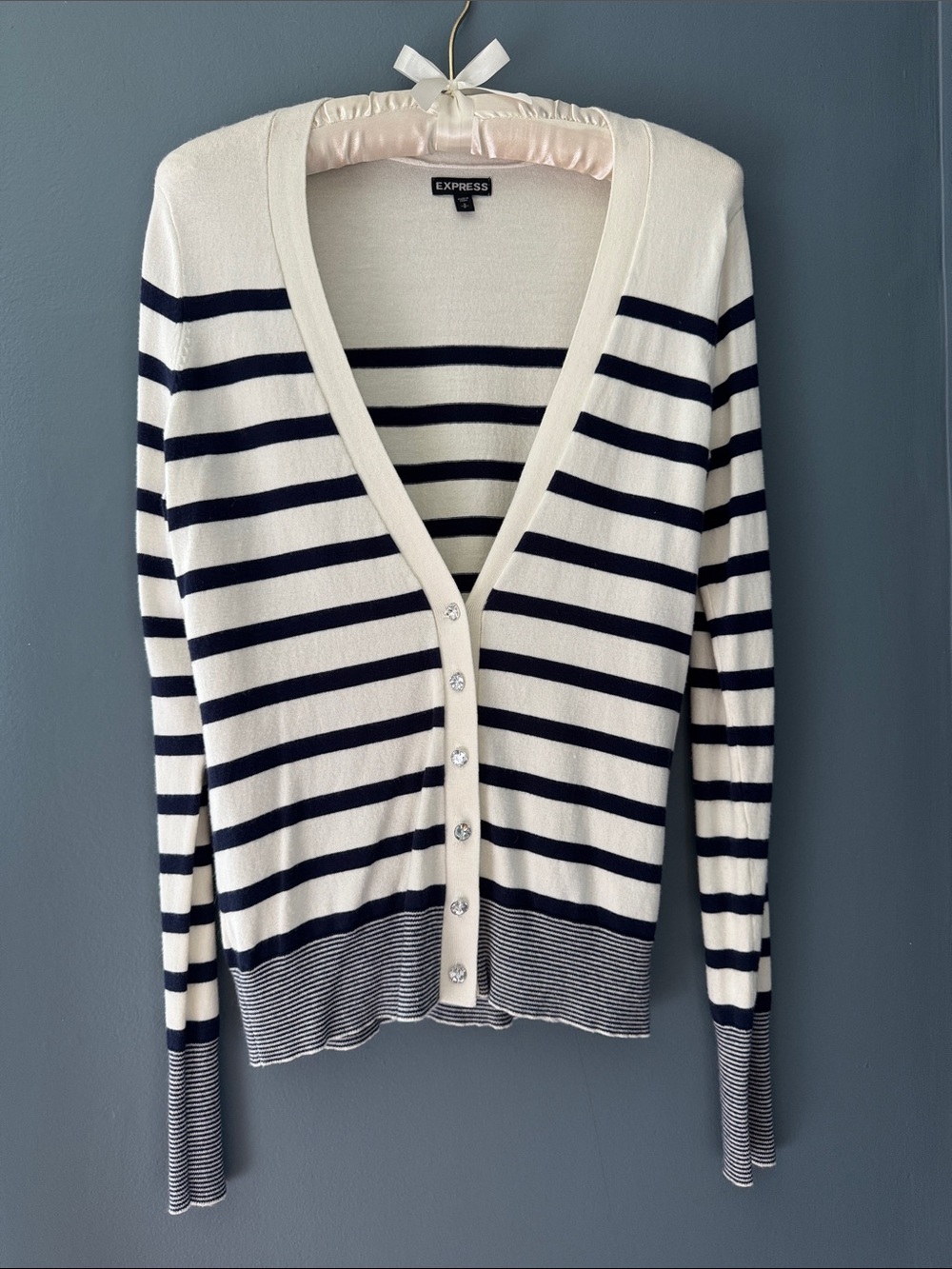 Express Striped V-Neck Button Cardigan in White and Navy